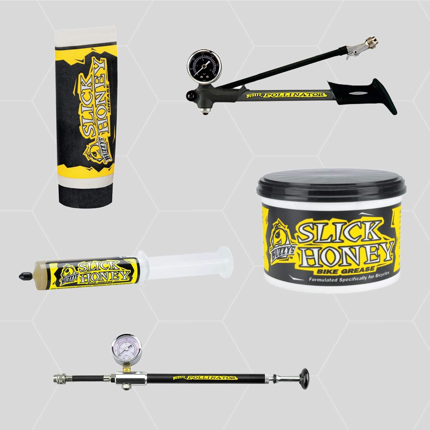A collage of Buzzy's bike grease and shock pump products featured on a gray honeycomb background
